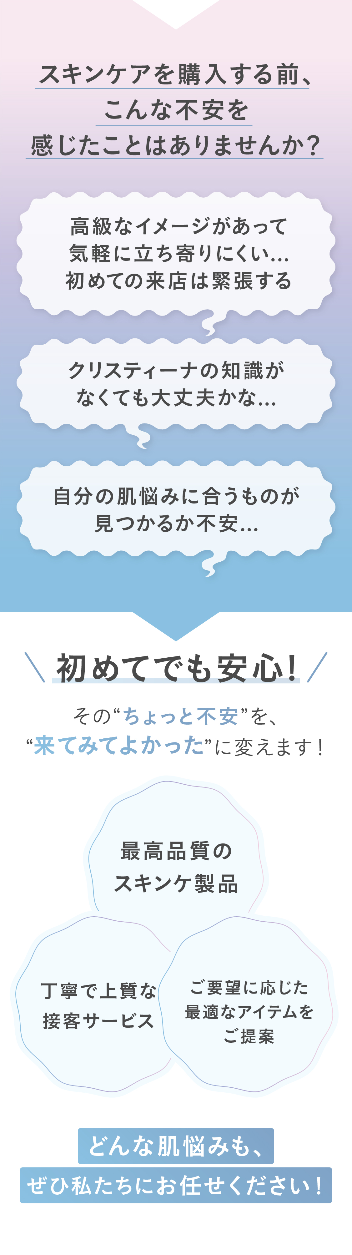 スキンケアを購入する前、こんな不安を感じたことはありませんか？①高級なイメージがあって、けがるに立ち寄りにくい。。。初めての来店は緊張する②クリスティーの知識はなくても大丈夫かな。。。？③自分の肌悩みに合うものが見つかるか不安。。。「初めてでも安心！」その”ちょっと不安”を、”来てみてよかった！”に変えます！①最高品質のスキンケア製品②丁寧で上質接客サービス③ご要望に応じた最適にアイテムをご提案→どんな肌悩みも、ぜひ私たちにお任せください！