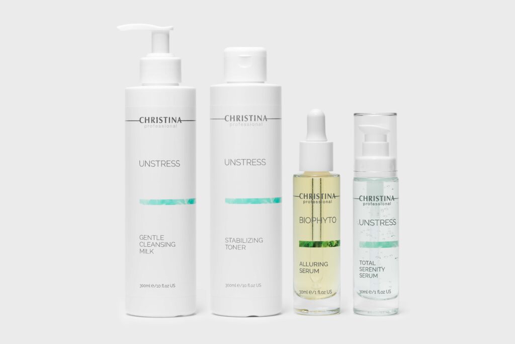 （左から）アンストレス ジェントルクレンジングミルク、アンストレス スタビライジングトナー、ビオフィート アリューリングセラム、アンストレス トータルセレニティセラム